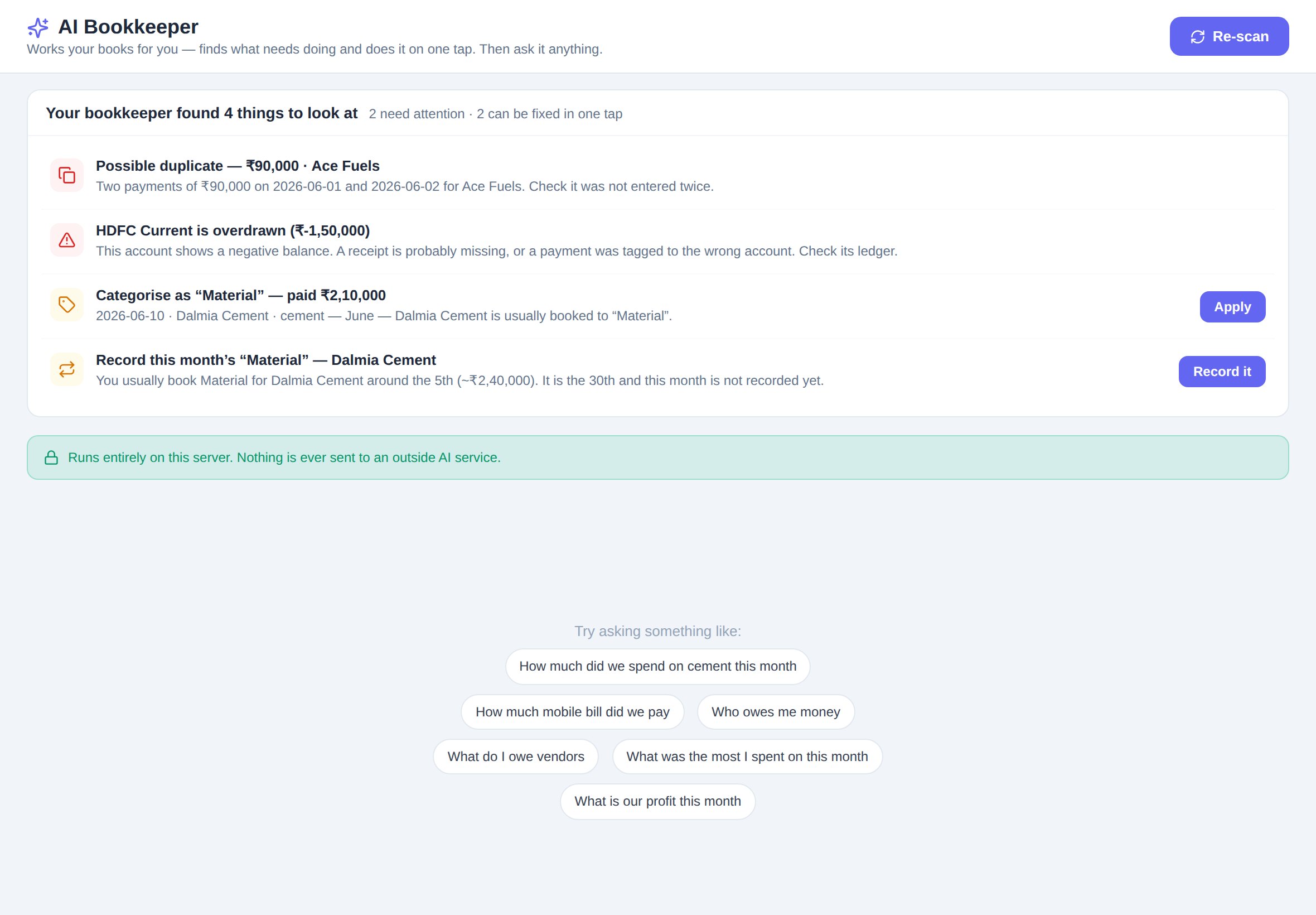 Munimo AI Bookkeeper — finds duplicates, missing entries and fixes books in one tap