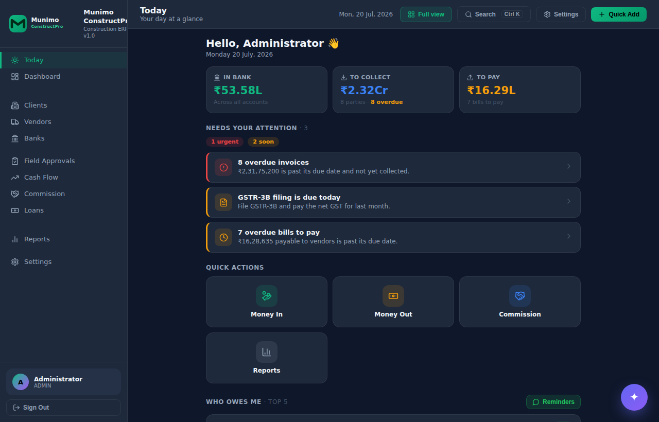 Munimo web Cash Book — live dashboard with real figures